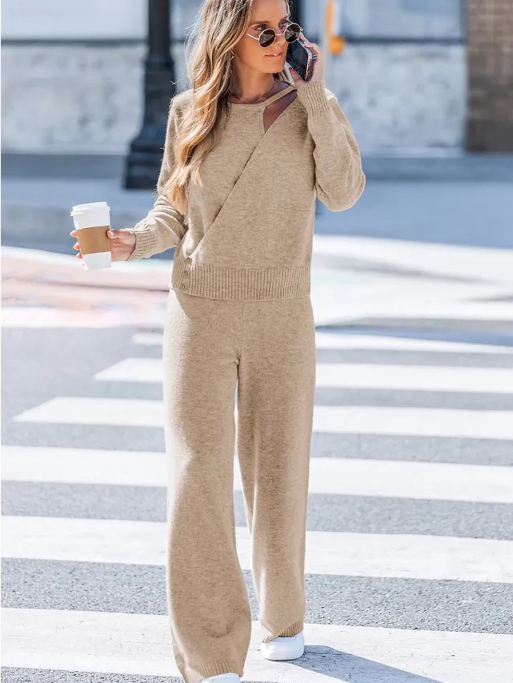 Cupshe Cream Knit Wrap-Front Wide-Leg Lounge sweater and pant set - Picture 2 of 5